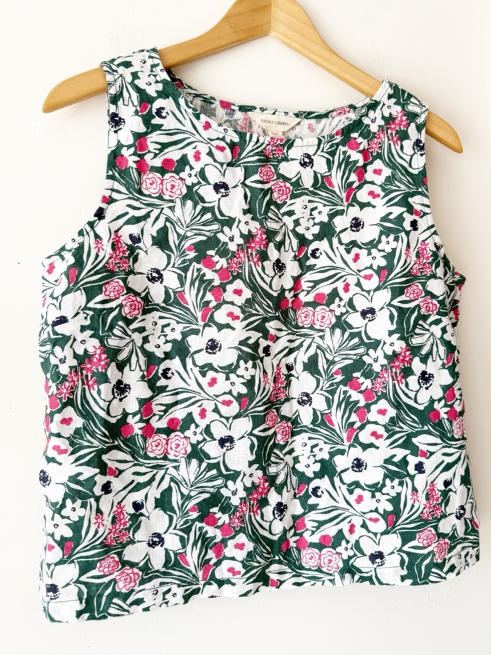Seasalt Cornwall Color Study 100% Linen Green White Floral Top Boatneck Size 8 - Picture 4 of 12